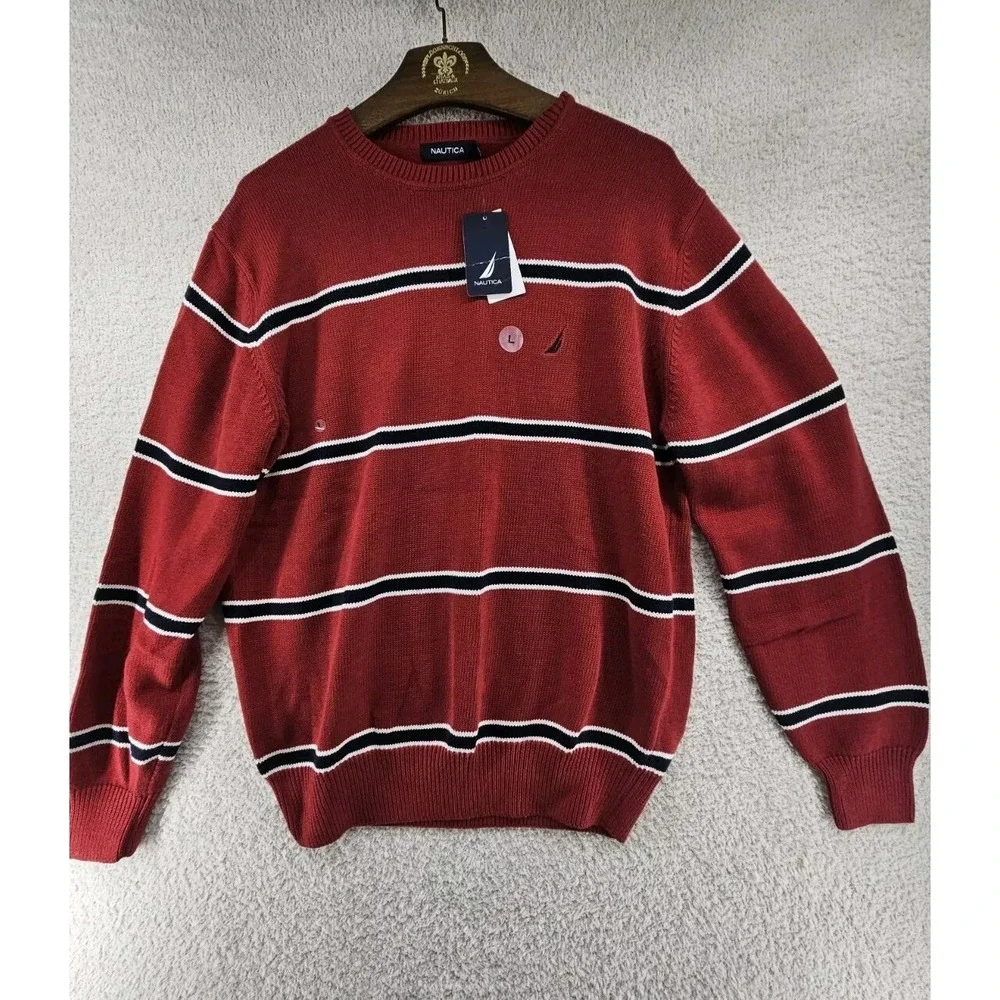 New Nautica Mens Large Red Striped Long Sleeve Sweater Pullover Crewneck